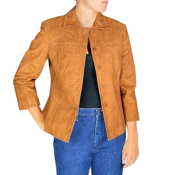 LINDA ALLARD ELLEN TRACY SIENNA BROWN LEATHER BUTTON DOWN BRACELET SLEEVE JACKET - Picture 1 of 13